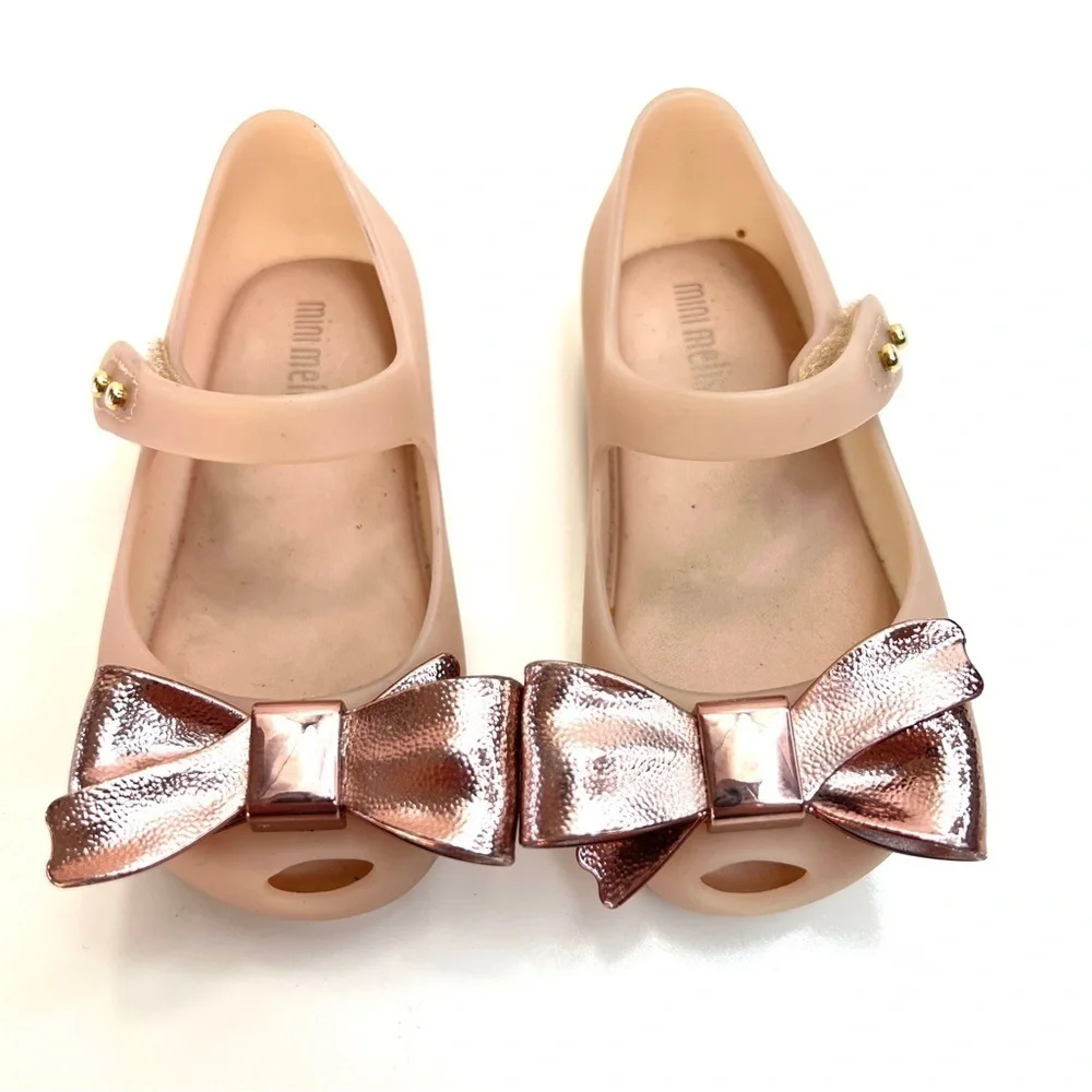 Mini Melissa rose gold pink metallic bow Scented Shoes Size 6 Toddler Girls